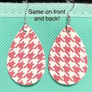 Rose and White Houndstooth Faux Leather Teardrop Earrings